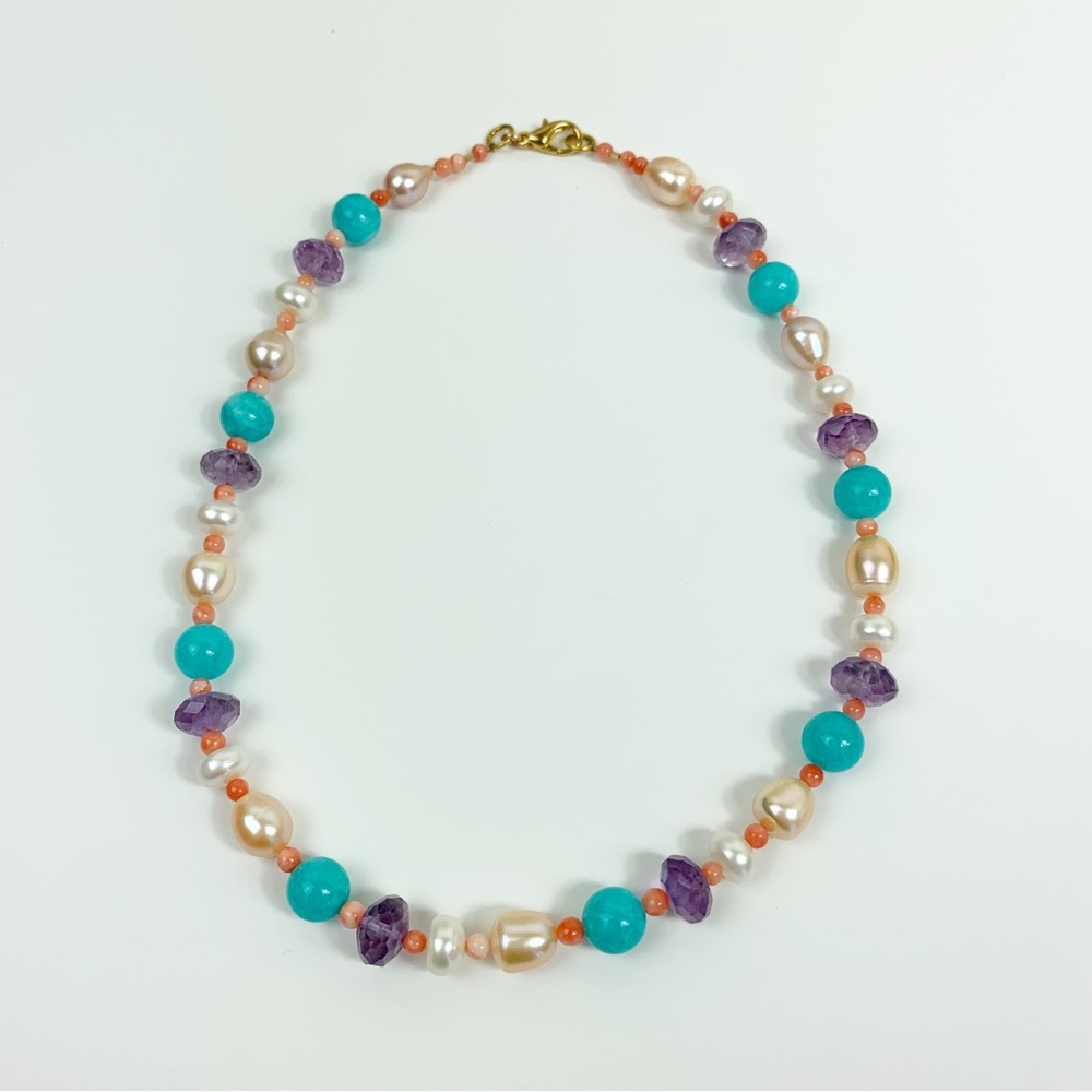 Amethyst Turquoise Pearl Coral Beaded Necklace - Picture 2 of 4